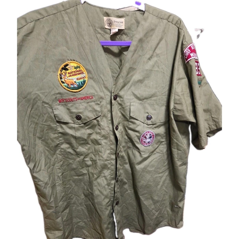 VTG BSA 1960s Uniform Collarless Short Sleeve Shirt With Patches Size 16